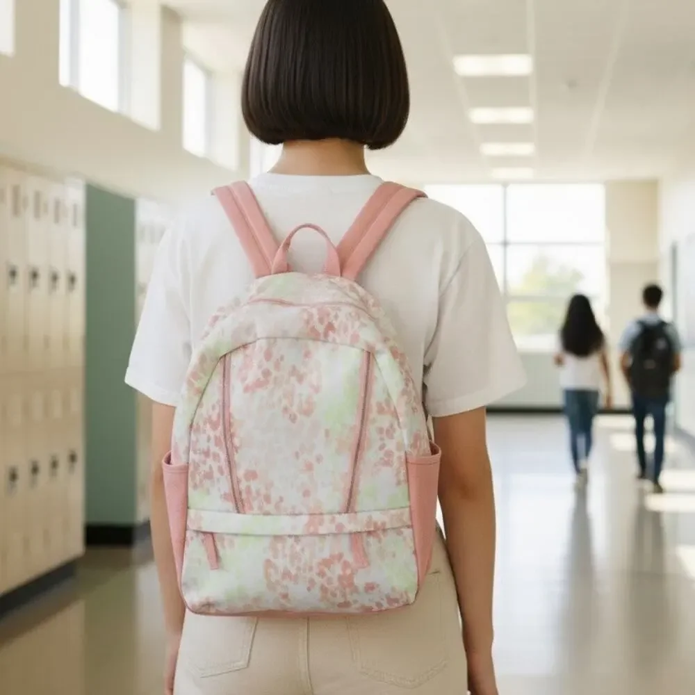 Land's End Backpack Coral Pink Green With Gold Sparkles  16 x 13 x 5 